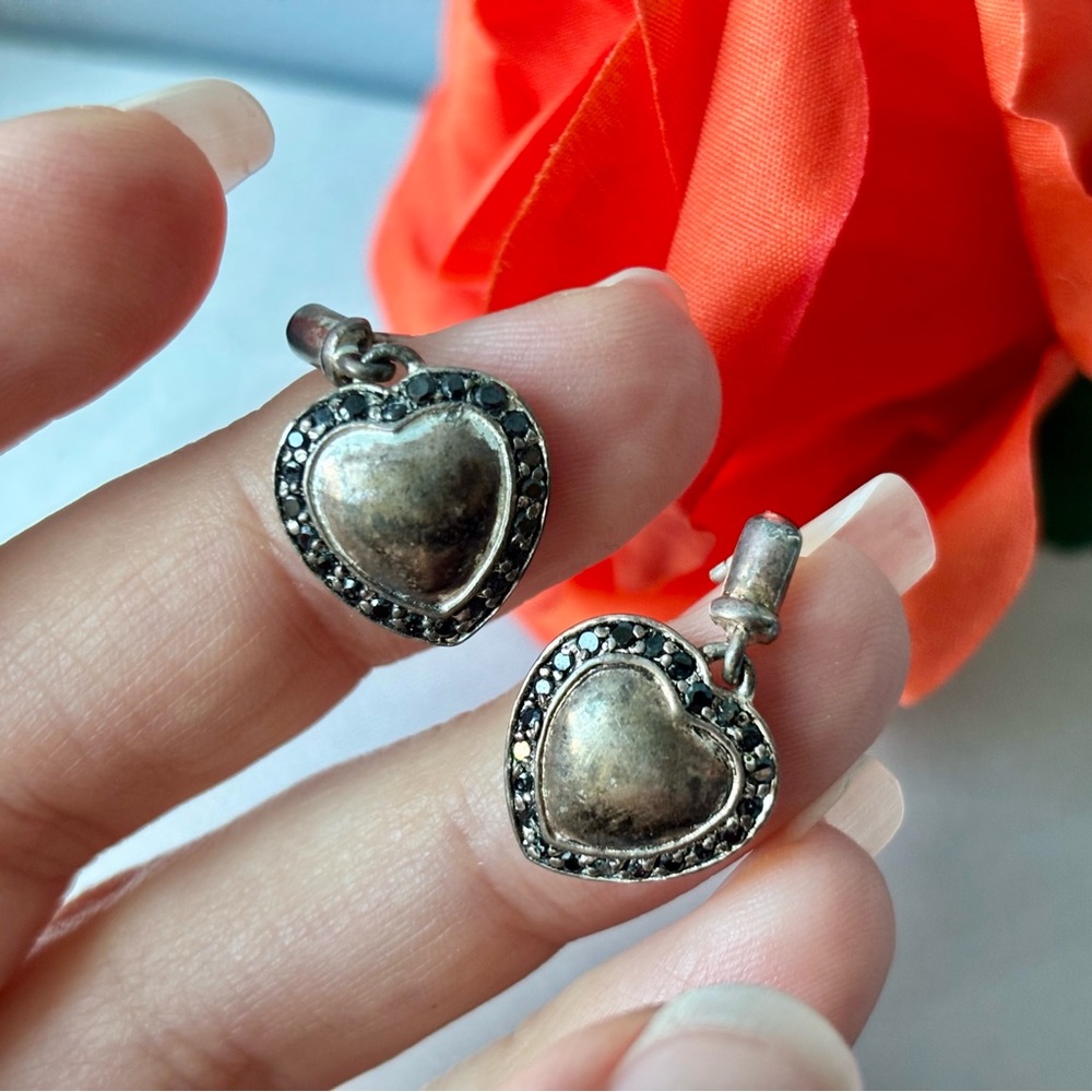Vintage Sterling Silver Marcasite Heart Drop Earrings Romantic Jewelry